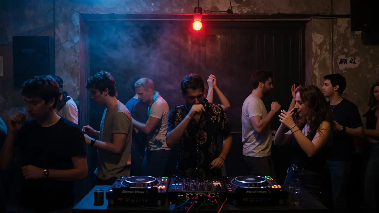 Diverse crowd dances in a hidden underground club in Eyüp, bathed in blue and amber light with a single red sign.