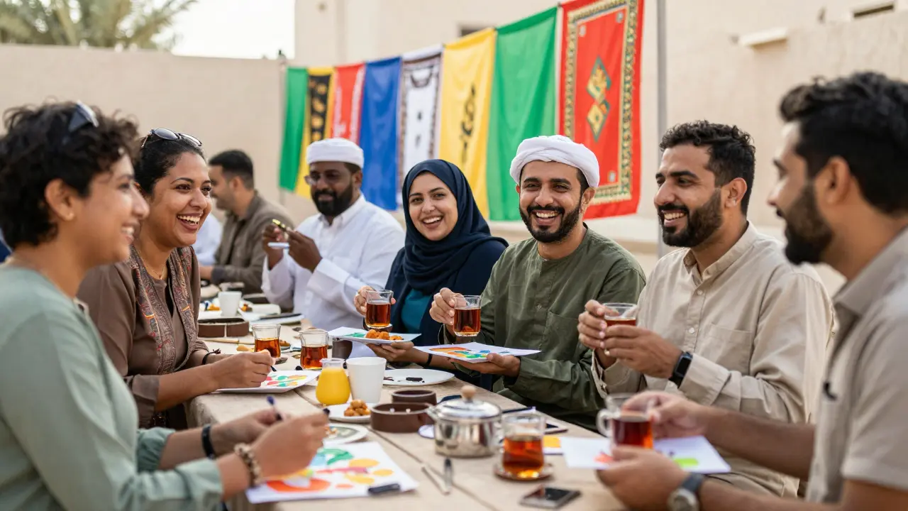 Diverse people enjoying a community art event in Abu Dhabi, laughing and sharing tea.