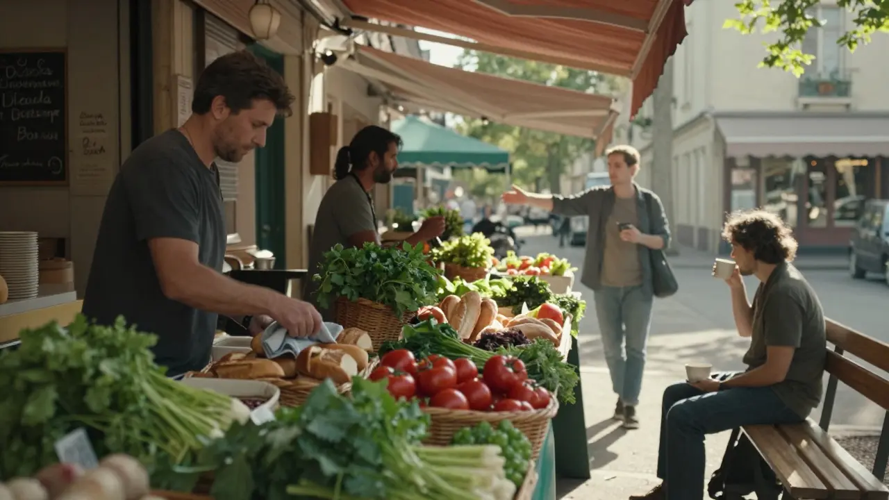 Early morning at Marché des Enfants Rouges, fresh herbs and bread on wooden stalls, a lone visitor sits peacefully with a companion.