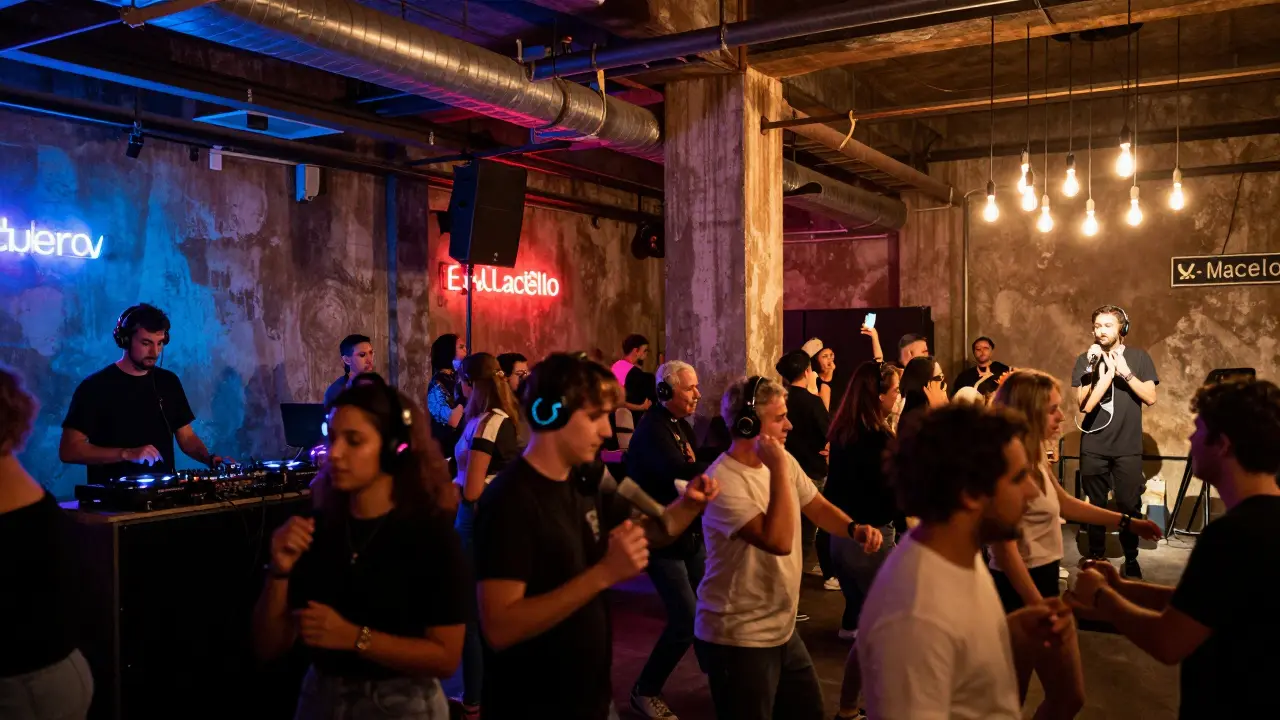 Ex-Macello nightclub in Porta Romana with silent disco, techno room, and poetry slam under industrial lights.