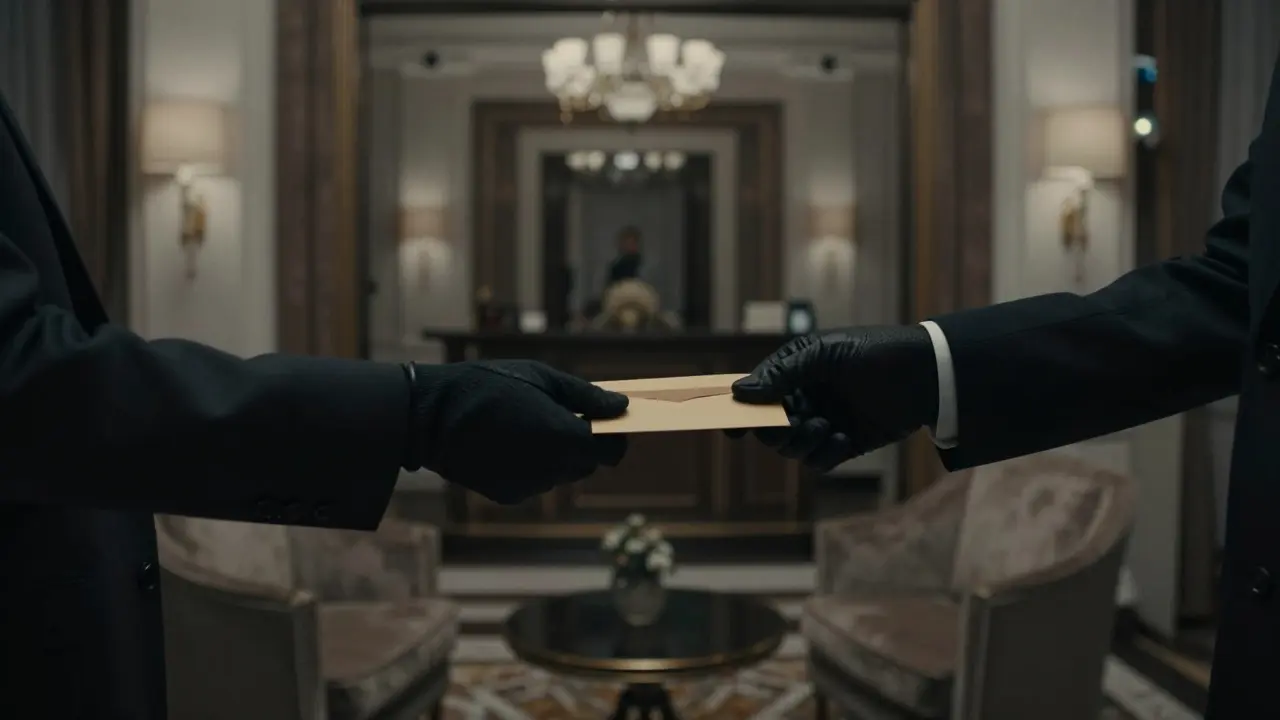 Hands exchanging cash in a quiet hotel lobby with no faces visible.