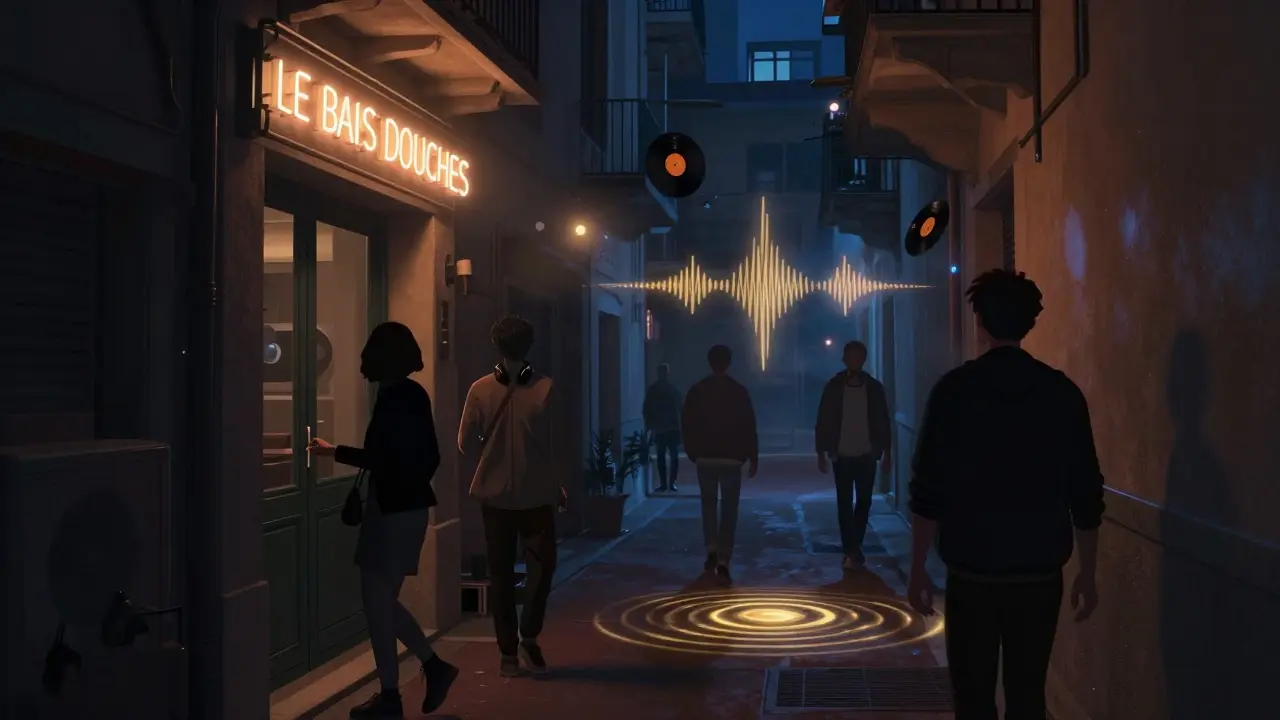 Hidden entrance to Le Bains Douches in Fontvieille with glowing vinyl records and soundwaves in the air.