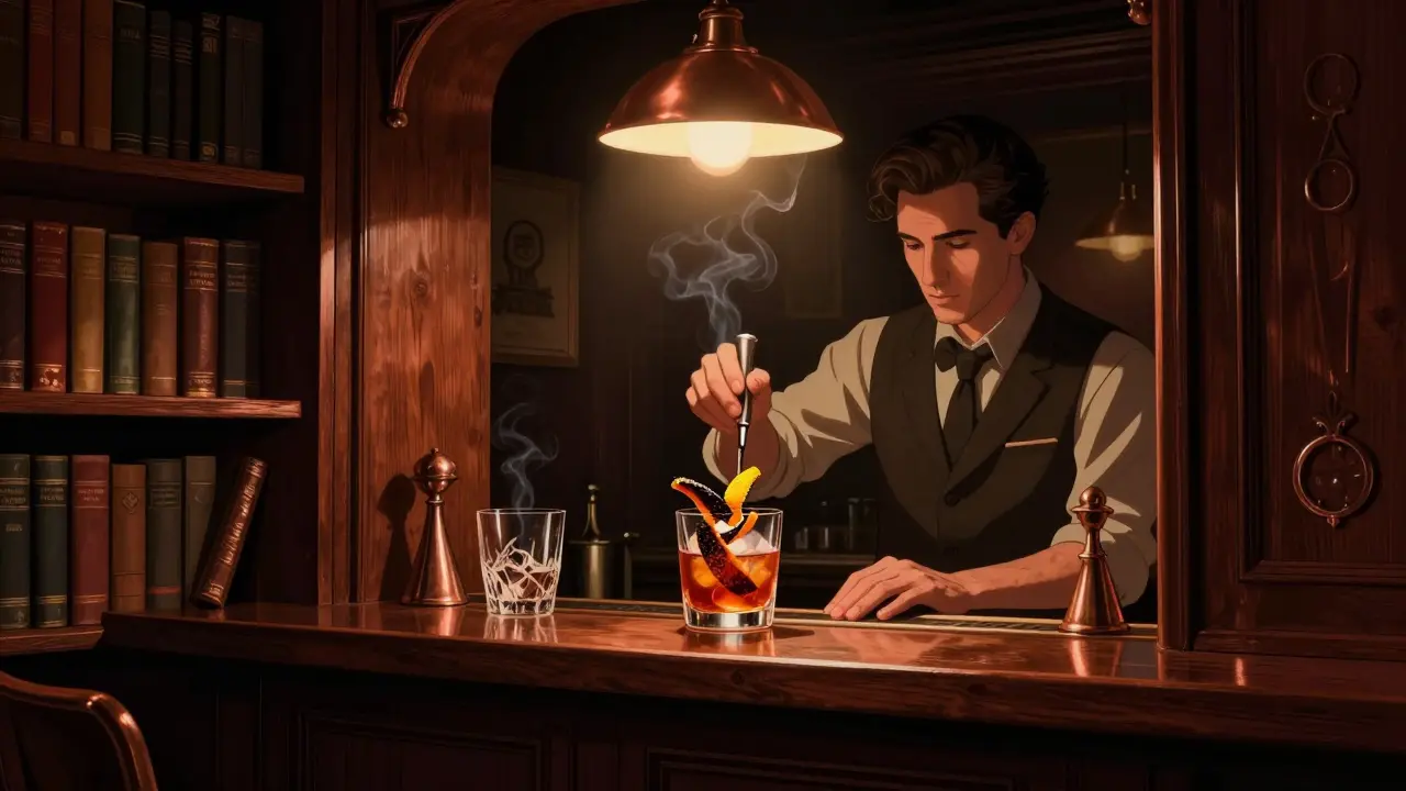 Hidden speakeasy bar where a bartender prepares a smoky cocktail with aged rye and charred orange peel in dim, intimate lighting.