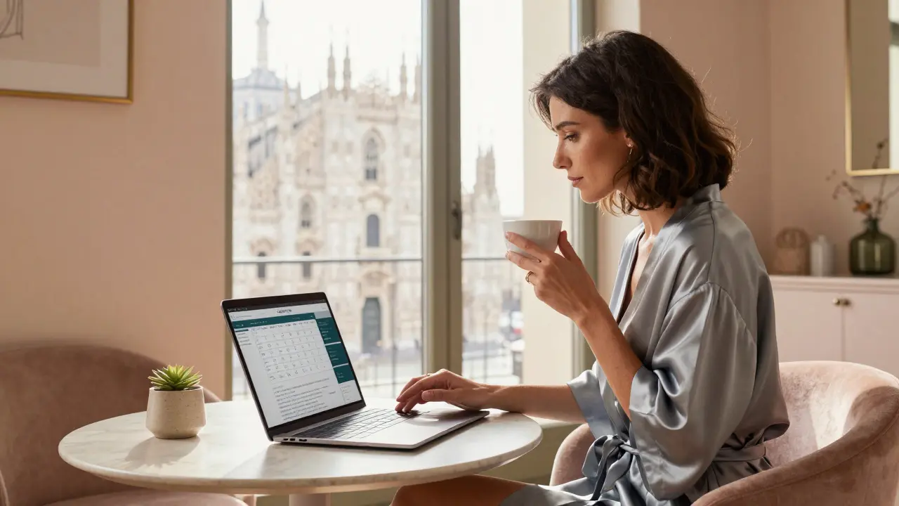 Independent female provider in a cozy Milan apartment, working on laptop with Duomo visible through window.