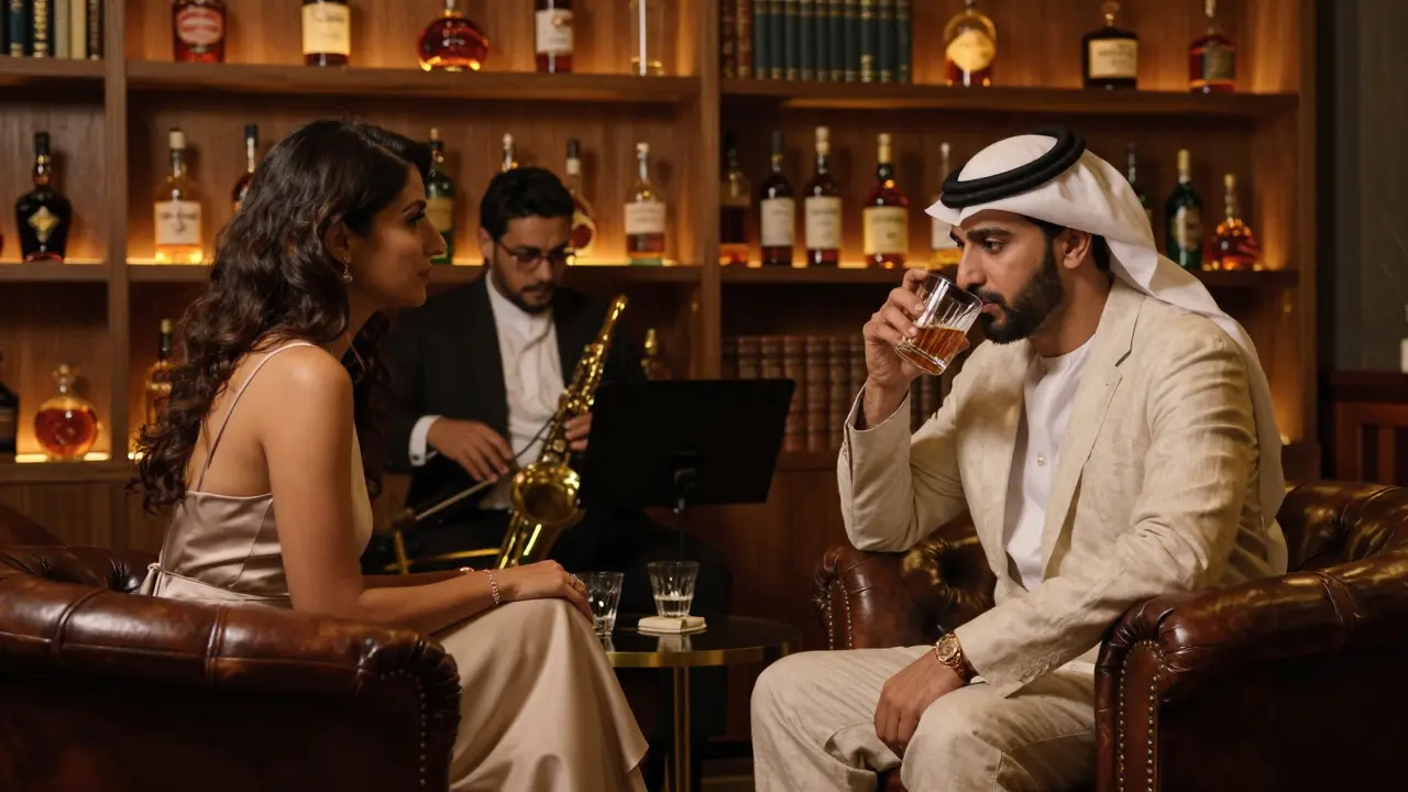 Intimate speakeasy bar with jazz musicians and patrons sipping whiskey in warm amber light.