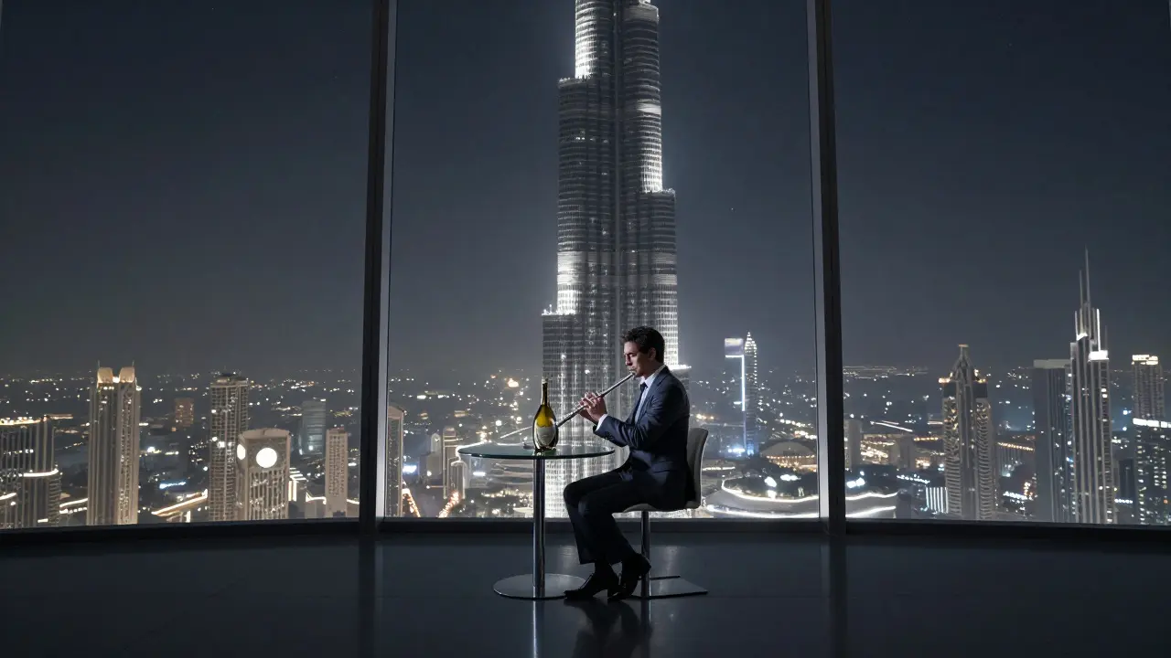 Luxurious high-rise lounge atop Burj Khalifa with a solitary guest overlooking the city lights below like stars at night.