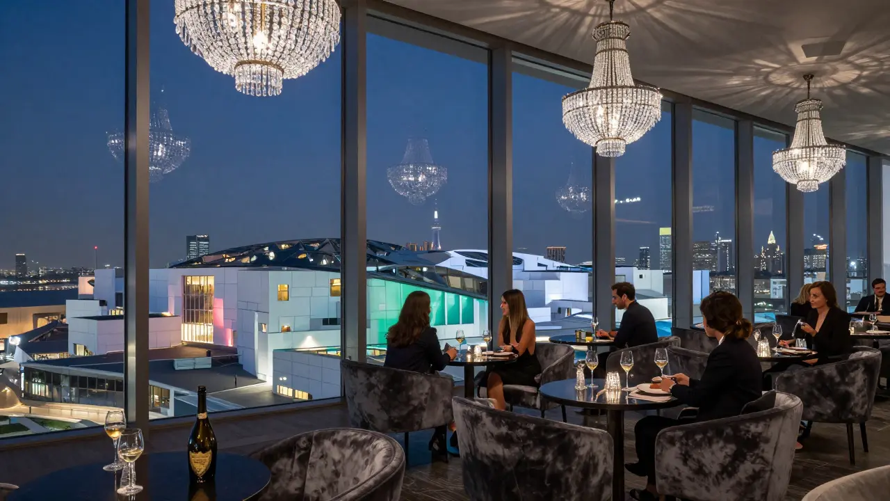Luxury guests overlooking Abu Dhabi’s glowing skyline from a glass-walled sky lounge.