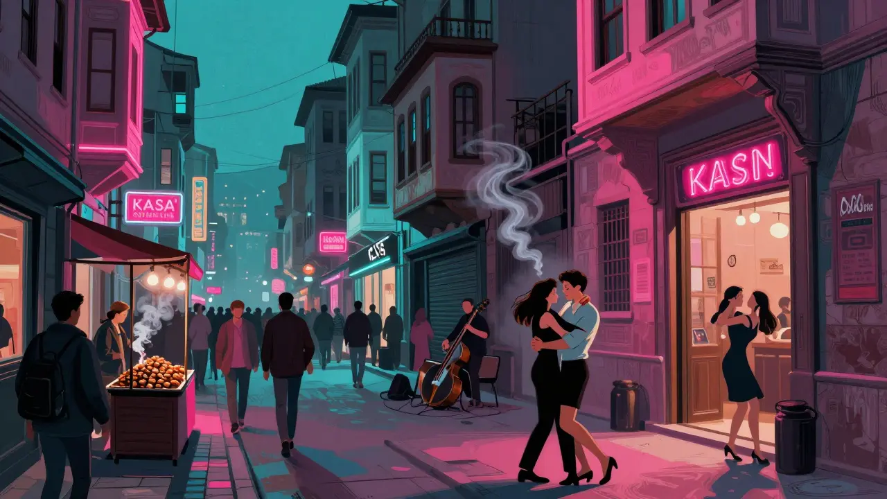 Neon-lit İstiklal Avenue bustling with people, jazz and dance music spilling from venues.