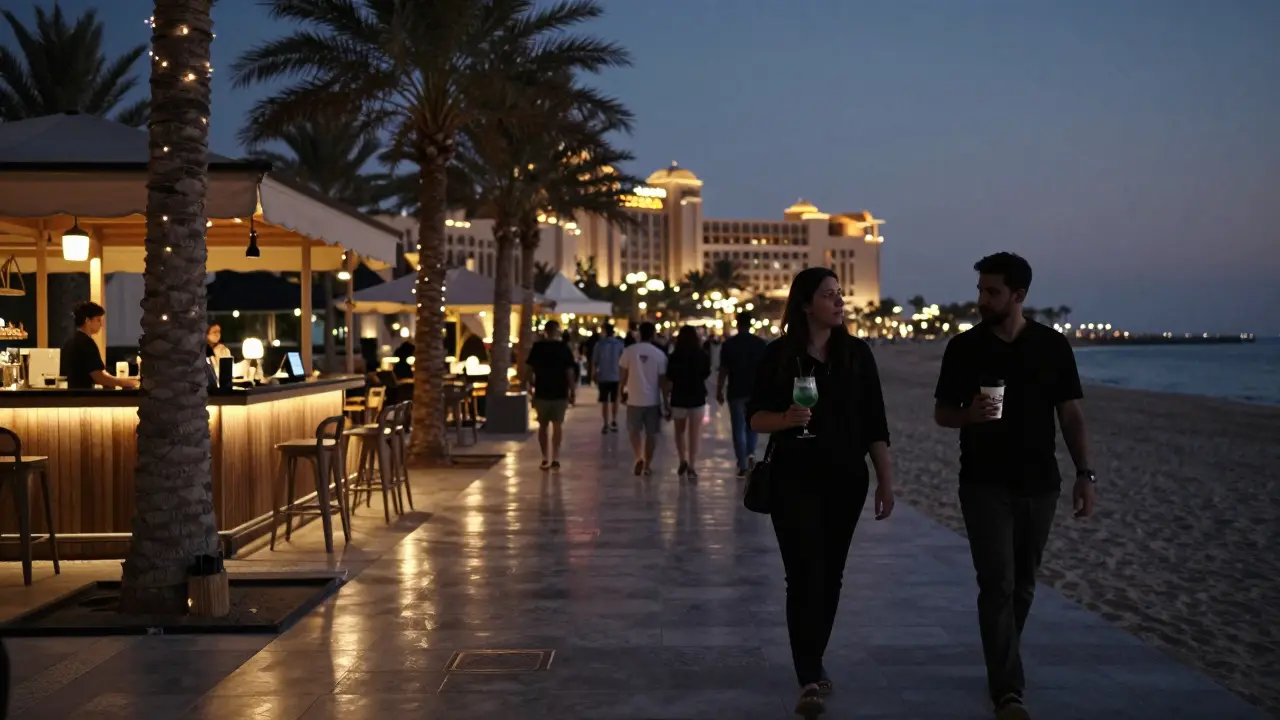 Nighttime walkway connecting beach bar to lounge, soft lights, silhouettes strolling with drinks, Emirates Palace in the distance.