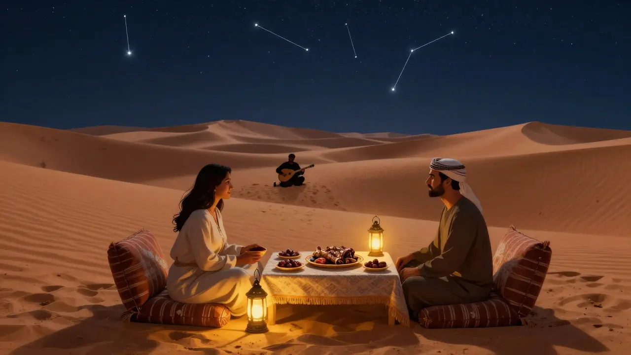 Private desert dinner under starry skies with lanterns, cushions, and a distant oud player.