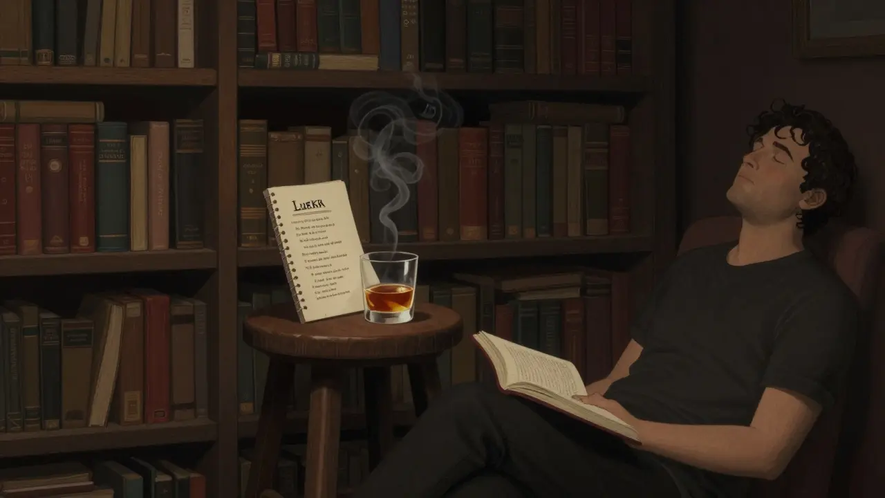 Quiet literary lounge with shelves of books, a glass of whiskey, and a reader lost in poetry.