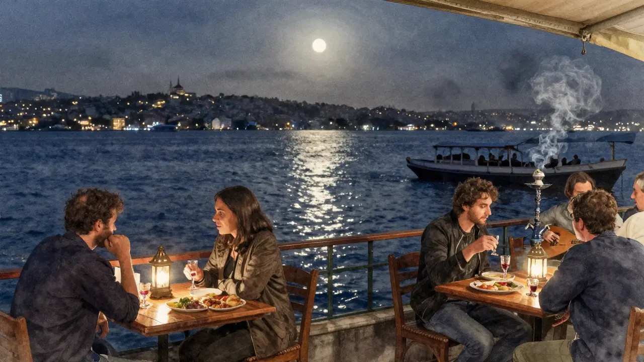 Quiet waterside bar at night with locals sipping rakı under lanterns beside the Bosphorus.
