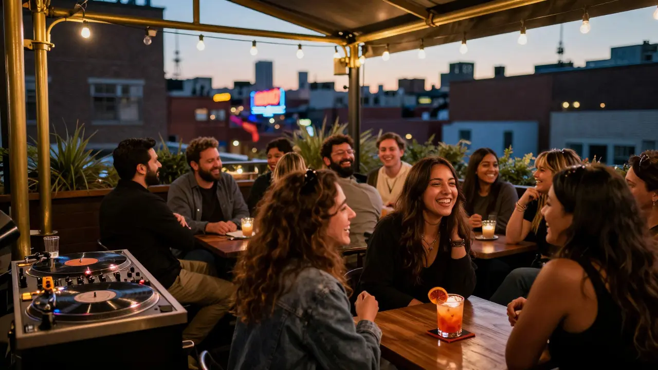 Radio Rooftop Bar in Soho with cozy crowd, string lights, and retro DJ booth overlooking London's neon-lit streets.