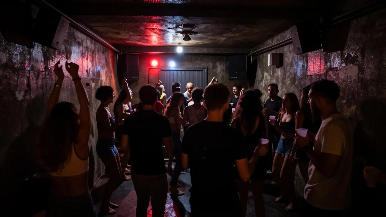 Raw underground techno club with strobe lights and a sweaty, dancing crowd in Karaköy.