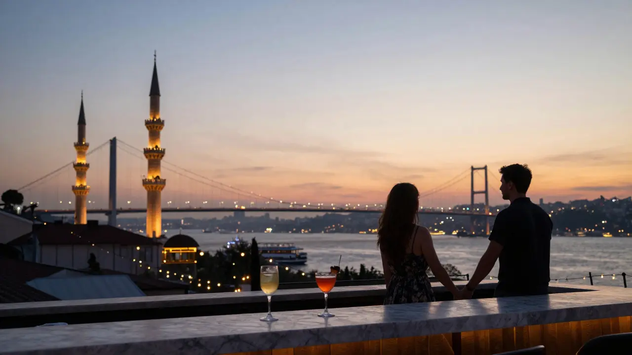 Rooftop bar at sunset overlooking the Bosphorus Bridge with silhouetted couples and golden light.