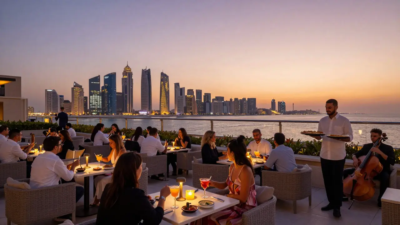Rooftop terrace at sunset with guests enjoying cocktails, city lights glowing in the distance, live jazz in the background.