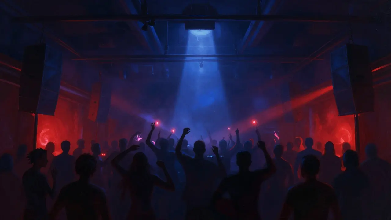 Silhouetted dancers lost in rhythm under pulsing lights at Fabric nightclub, pure bass and motion.