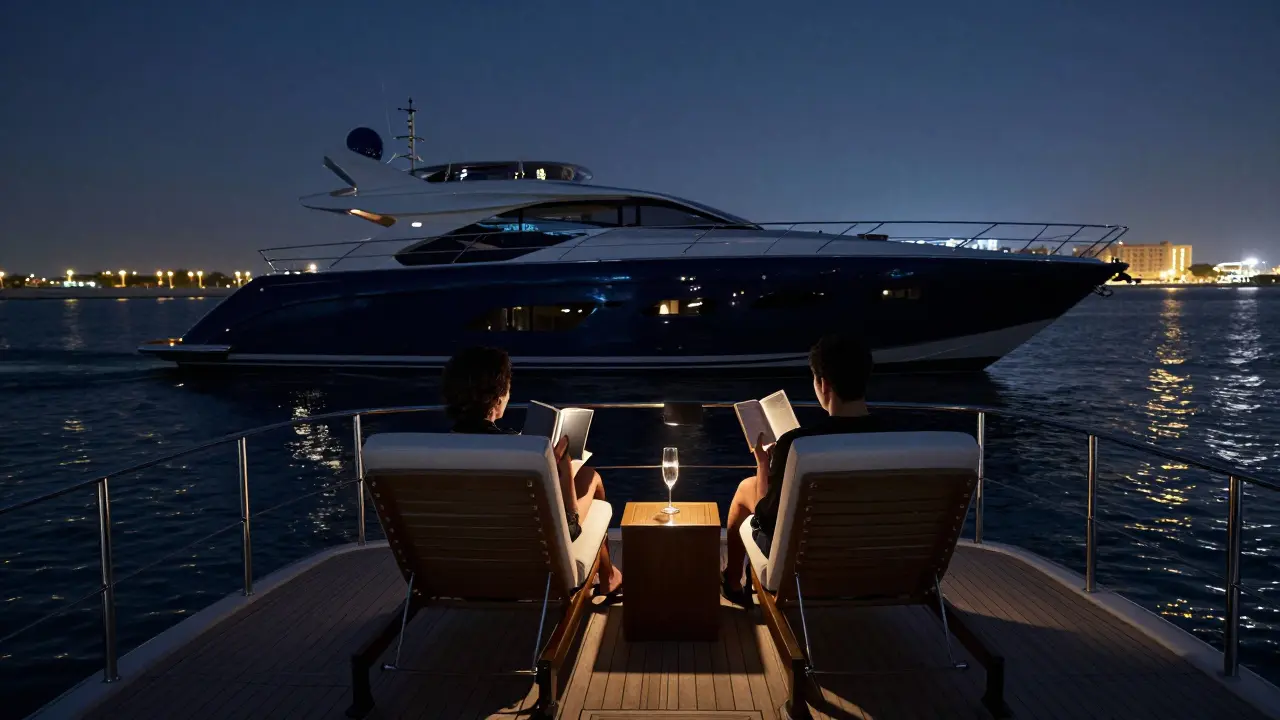 Silhouettes of two people on a yacht at night in Dubai Marina, under a starry sky and city lights.