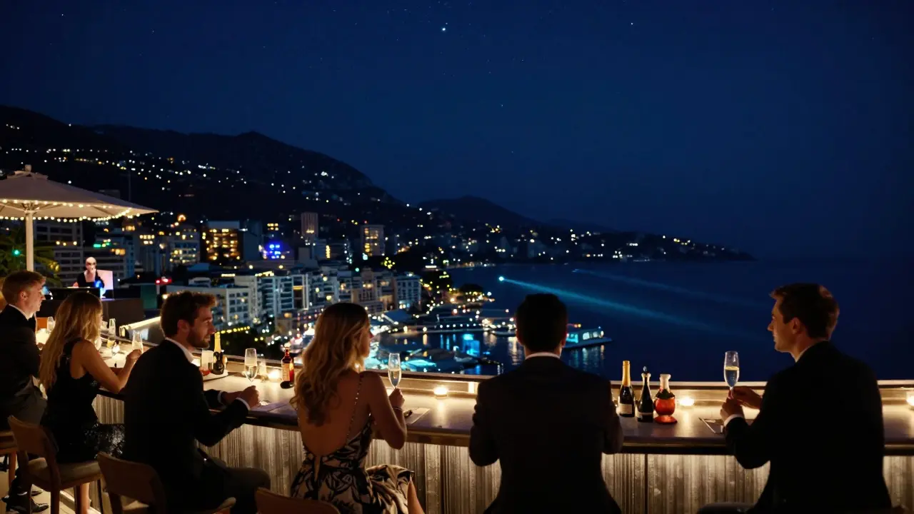 Sky Bar overlooking Monaco’s harbor with guests enjoying champagne under string lights at midnight.
