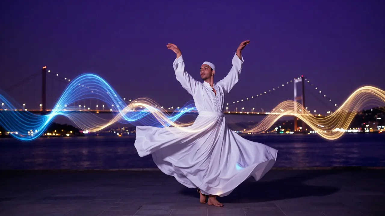 Sufi dervishes swirling into neon soundwaves beneath the Bosphorus Bridge at midnight.