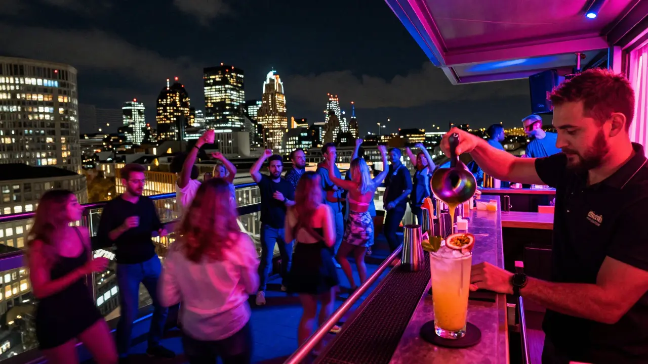 Sushisamba's bustling 38th-floor terrace with city lights, dancing guests, and vibrant neon cocktails under the night sky.