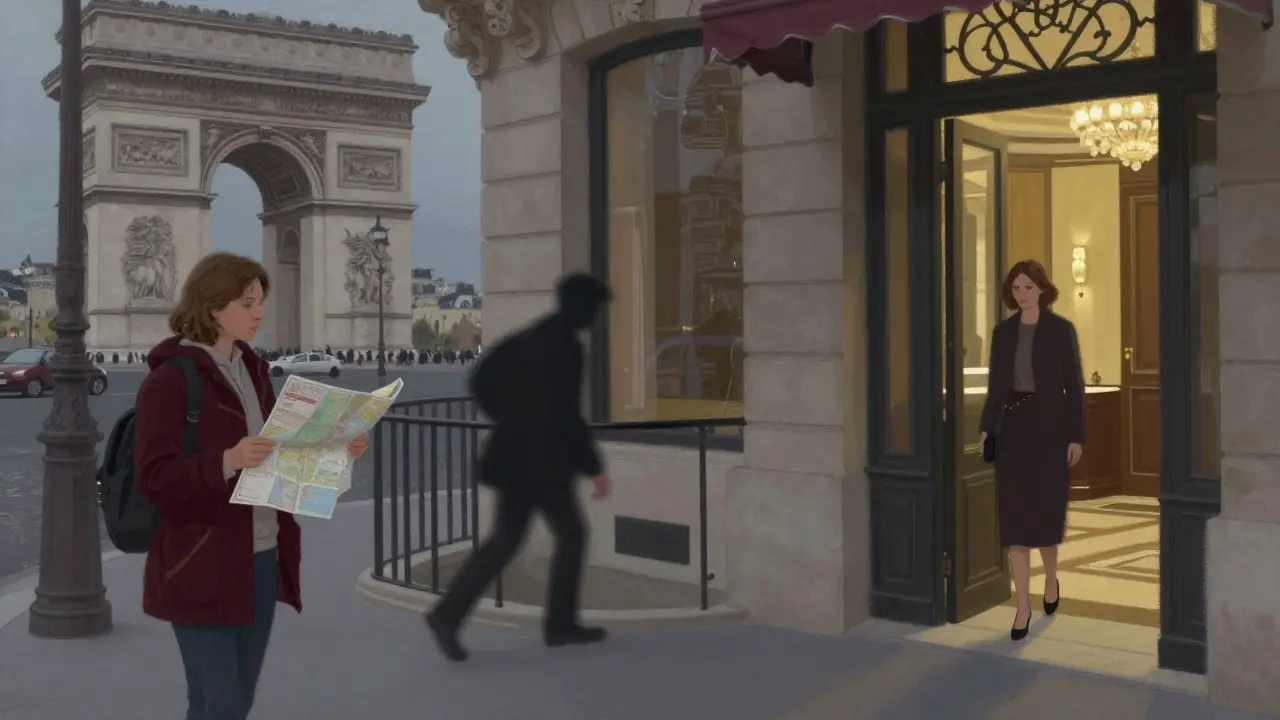 Three figures in twilight Paris: a tourist, a shadowy person, and a woman entering a hotel, all rendered in muted tones.