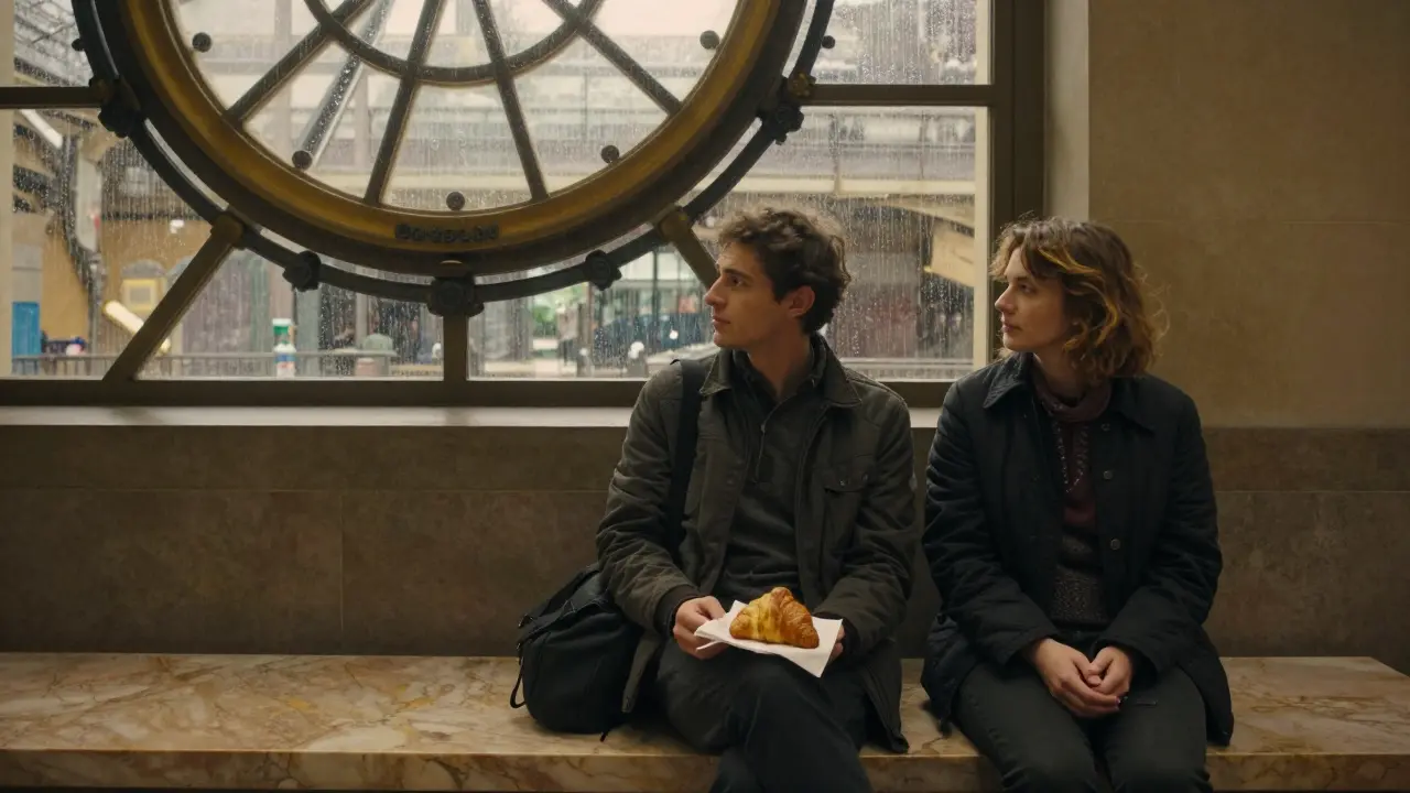 Two people enjoying a quiet moment in Musée d’Orsay, rain falling on the glass roof, a croissant nearby.
