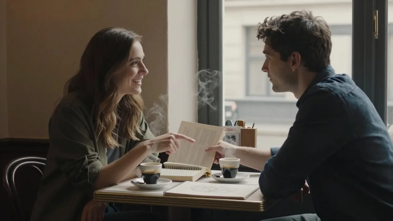 Two people share a quiet moment in a Le Marais café, laughing over a book and espresso.
