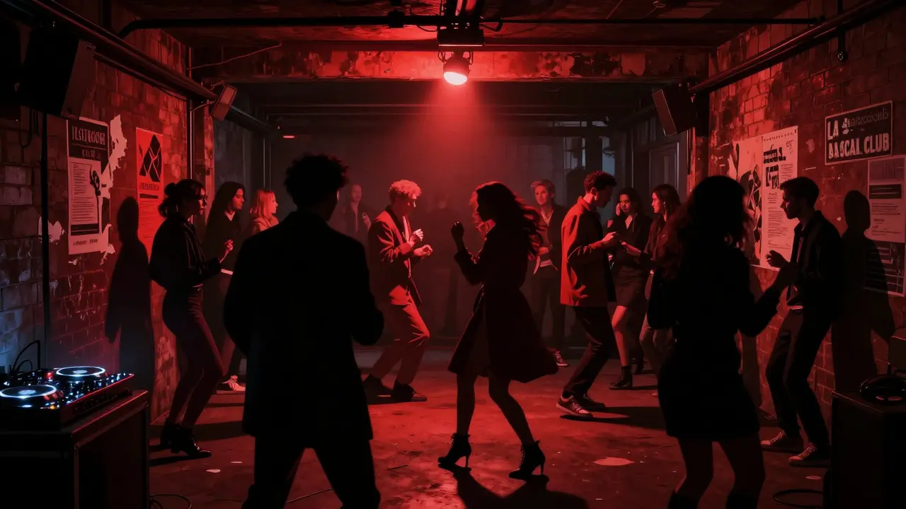 Underground club with dim red lighting and stylish locals dancing to house music in a converted warehouse.