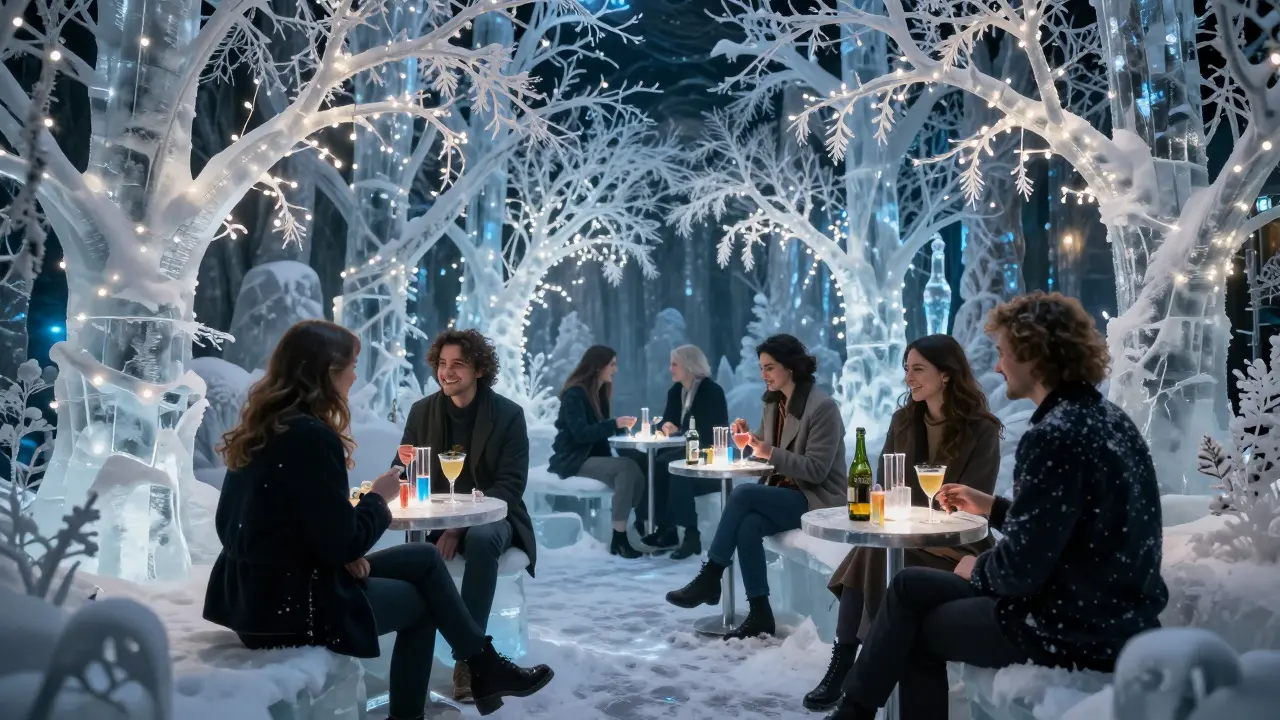 Underground nightclub with ice sculptures and fairy lights, guests surrounded by a snowy winter wonderland.