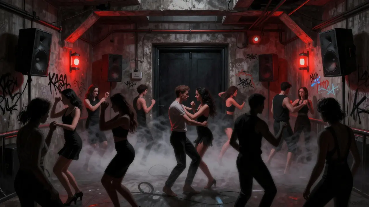 Underground techno club Kasa with dark industrial interiors and dancers lost in music.