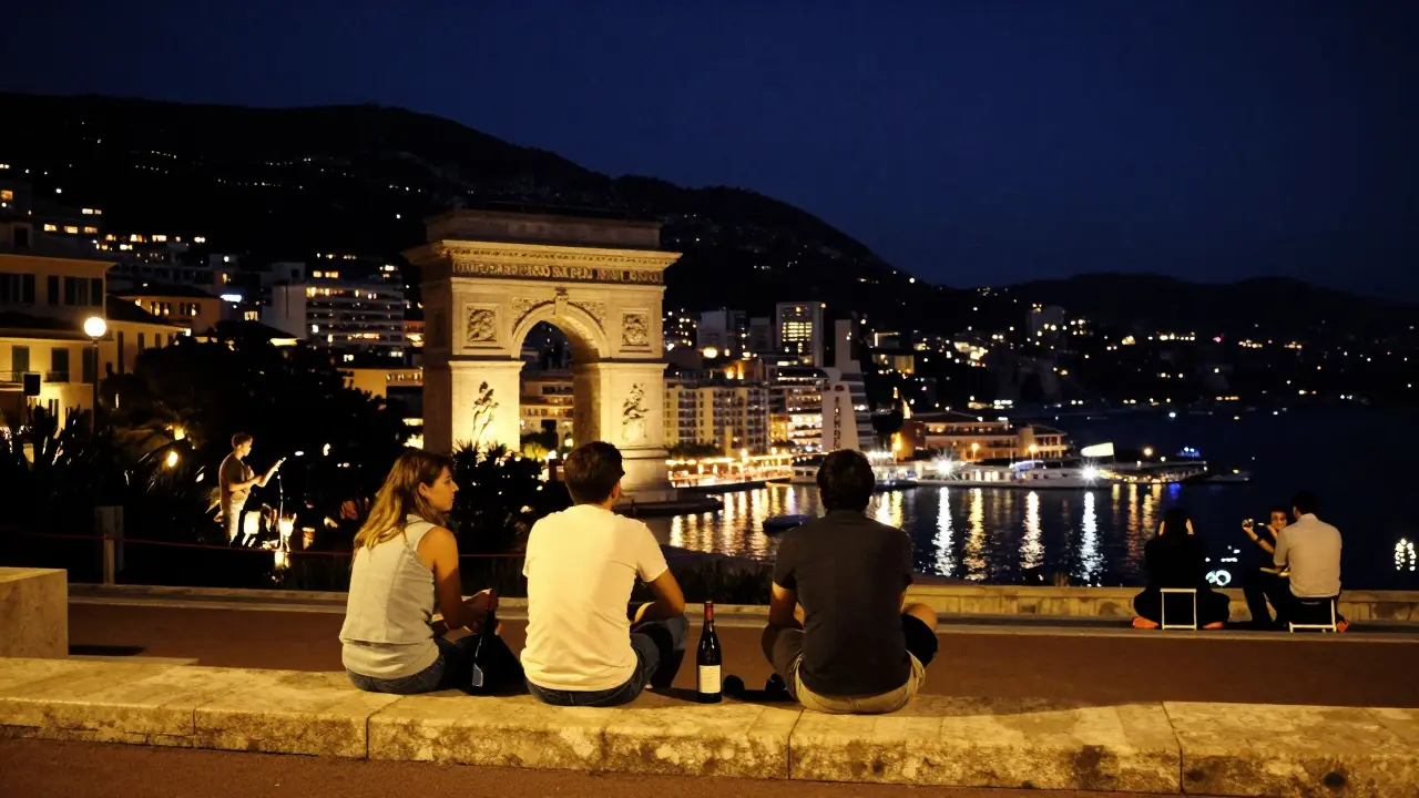 Young people sitting on steps overlooking Monaco’s glittering harbor at midnight.