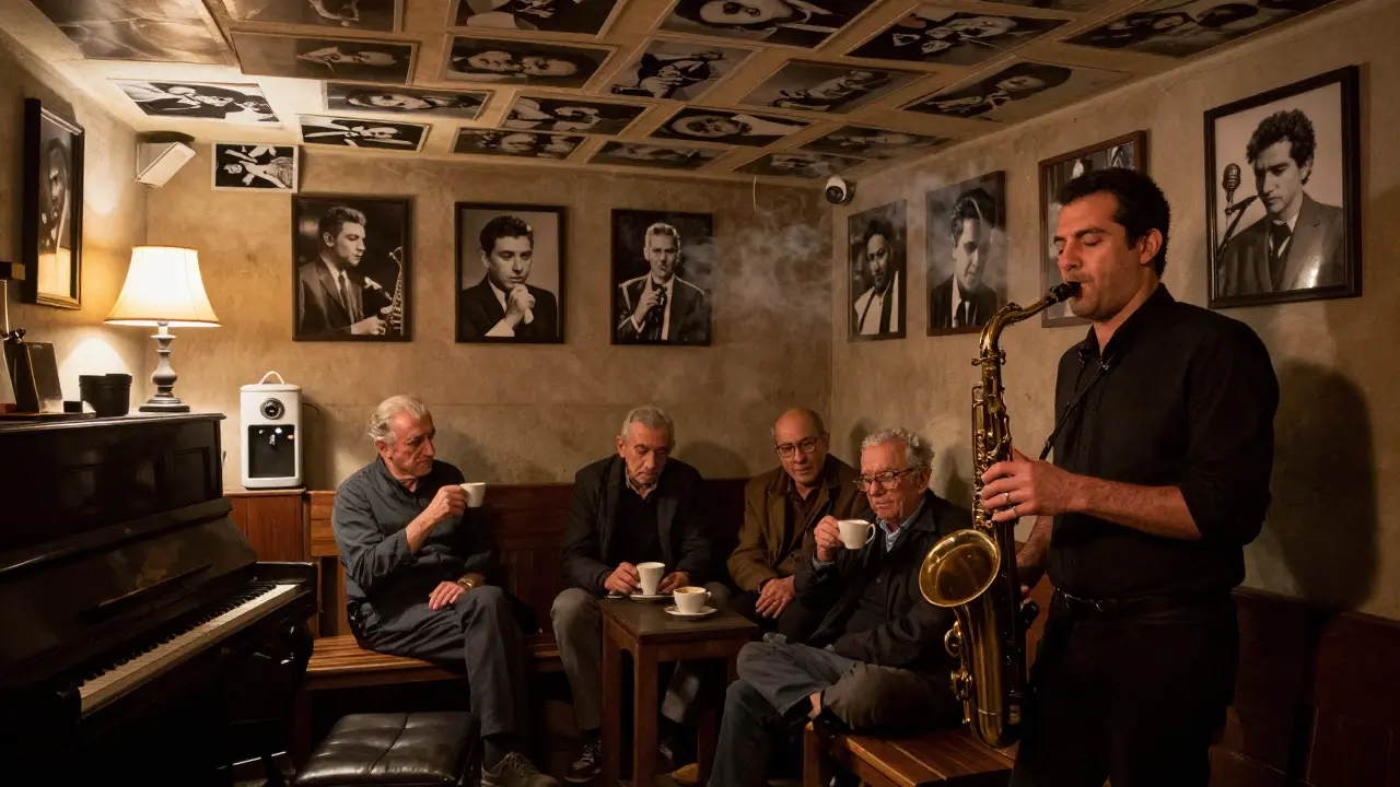 A basement jazz club in Beyoğlu with a saxophonist playing to a small audience, walls covered in vintage musician photos.