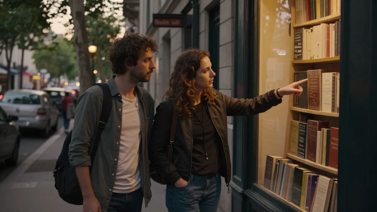 A client and escort explore a hidden bookstore in Saint-Germain, sharing a moment of cultural discovery.