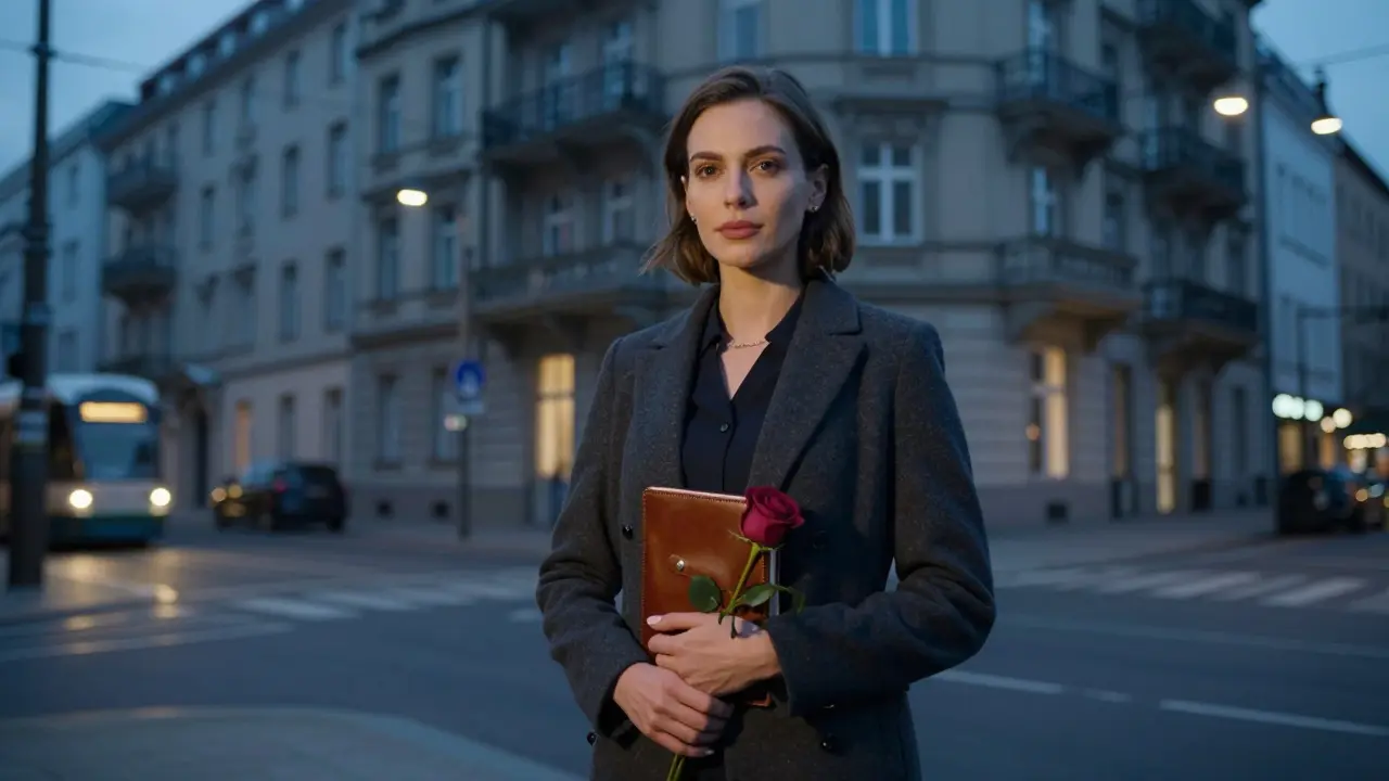 A confident woman standing alone outside a Berlin apartment building at twilight, holding a notebook and a rose.
