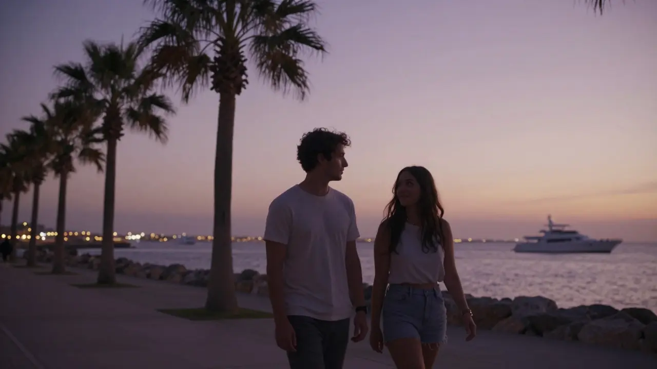 A couple walking calmly along the Corniche in Abu Dhabi at twilight.