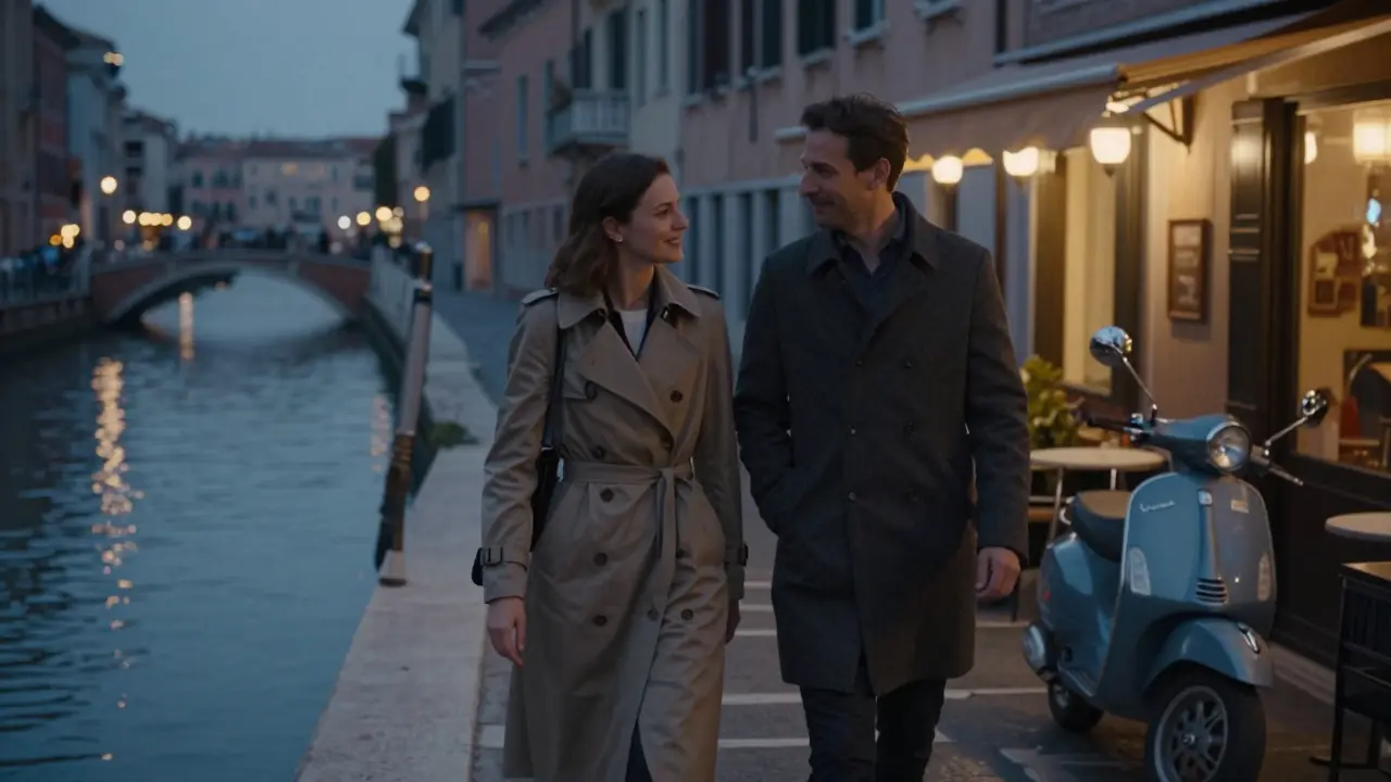 A couple walking peacefully along Milan's Navigli canal at dusk, sharing a quiet moment in the city's tranquil evening.