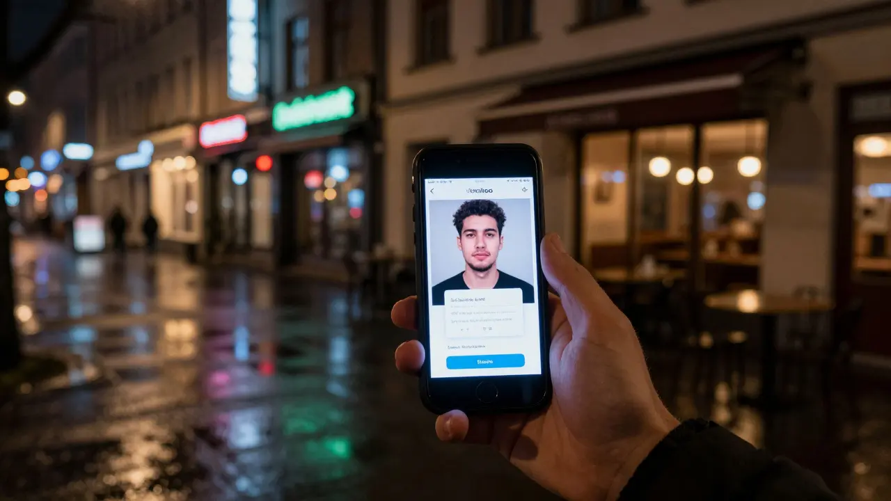 A hand holding a phone displaying a verified escort profile on a rainy Kreuzberg street at night.