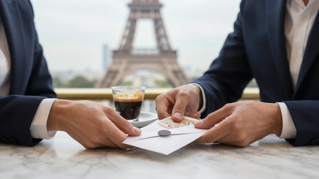 A hand placing cash on a café counter as two people part with quiet dignity in Paris.
