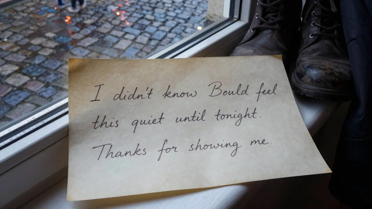A handwritten note on parchment with three simple words of gratitude, resting on a windowsill at twilight.