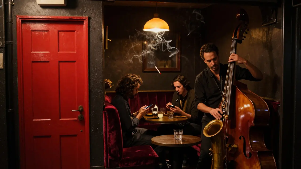 A hidden jazz bar with a red door, soft lighting, and a live trio playing in a cozy, intimate setting.