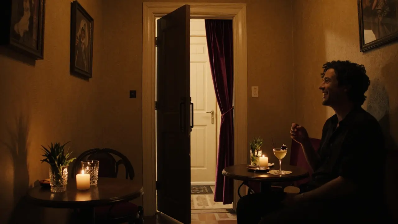 A hidden speakeasy behind a fridge door, lit by candlelight, with velvet curtains and guests sipping cocktails in quiet conversation.