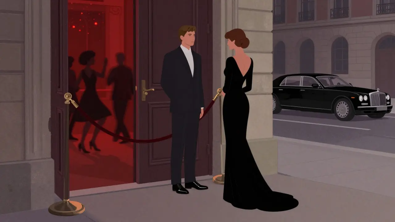 A hostess at a legendary nightclub entrance assessing a guest’s footwear, with faint red lights and silhouettes of dancers visible through a cracked door.