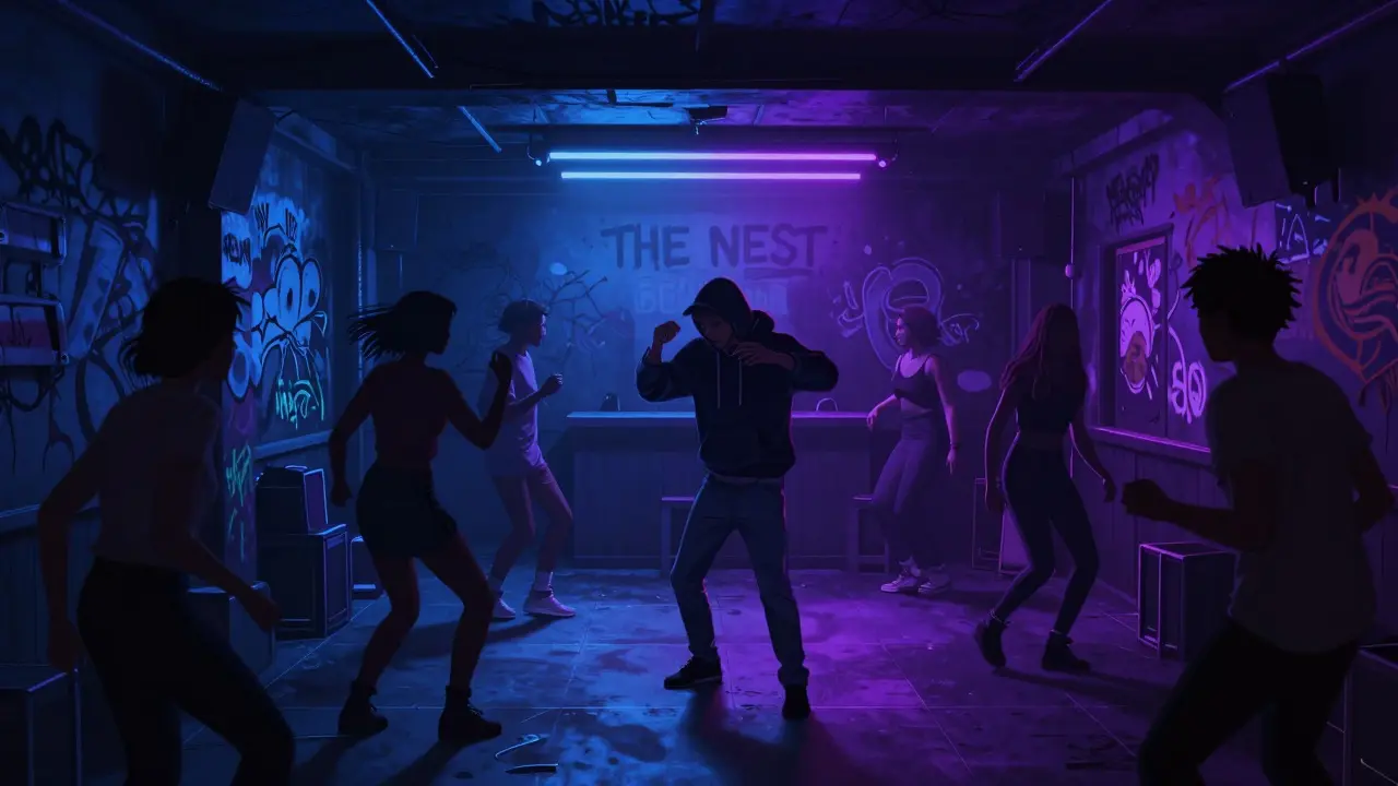 A lone dancer in a dim underground club in Peckham, moving to house music under neon lights.