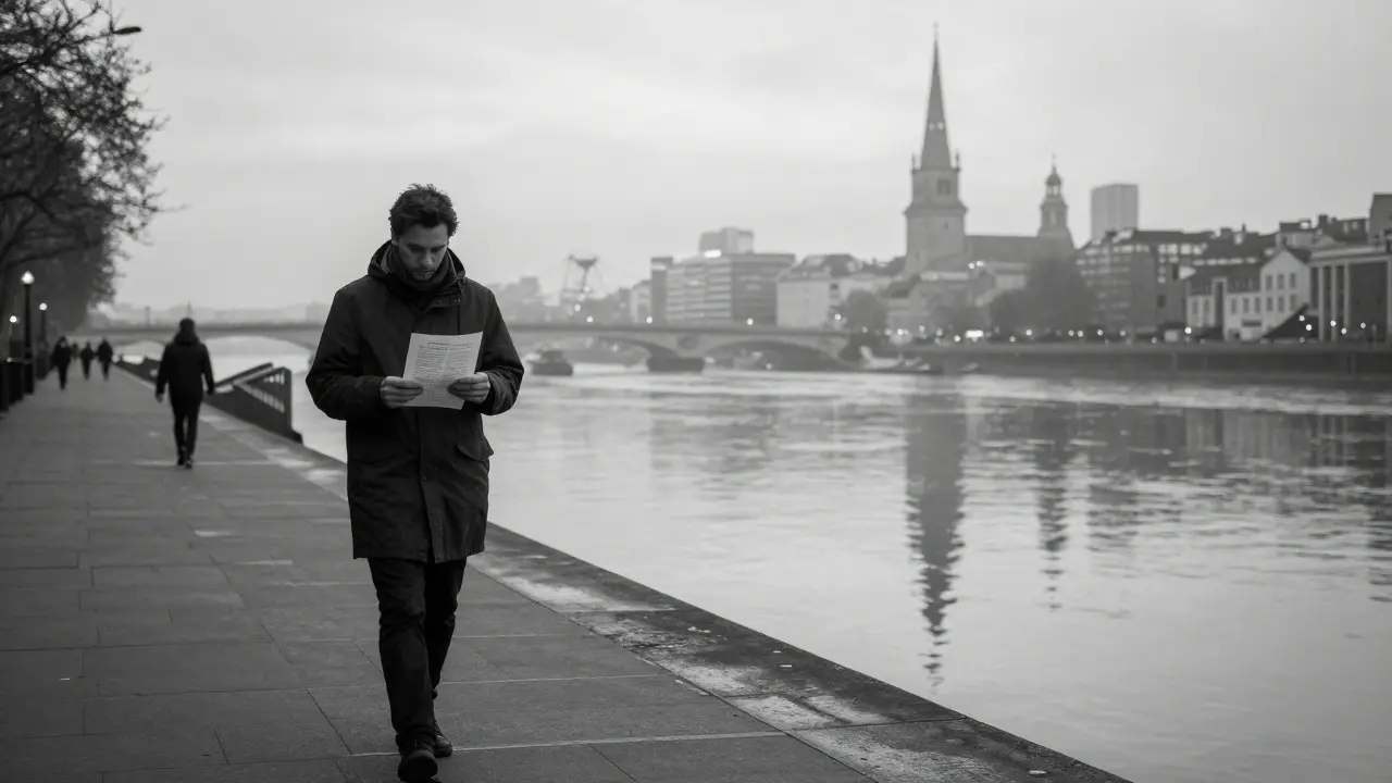 A lone figure walks by the Thames at dawn, holding a poem, with a subtle reflection of two people together.