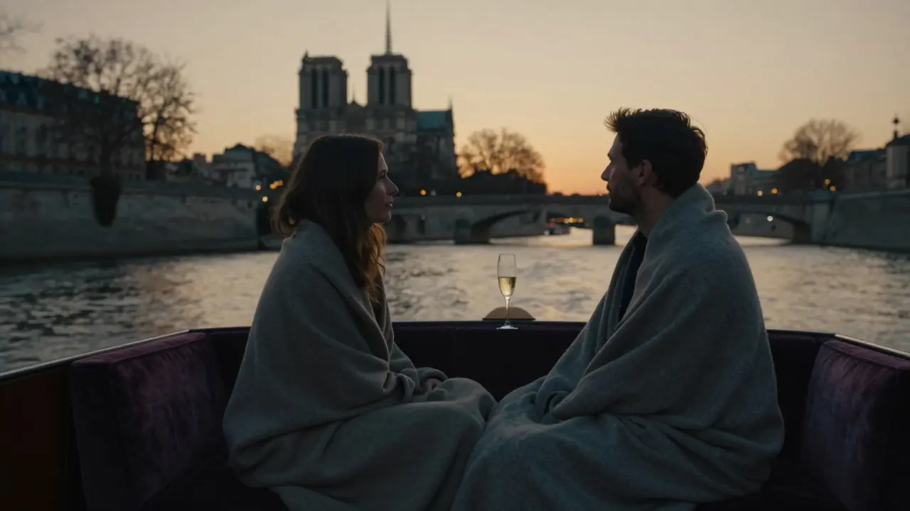 A man and woman sit quietly on a private boat at sunset, watching Paris glide by along the Seine.