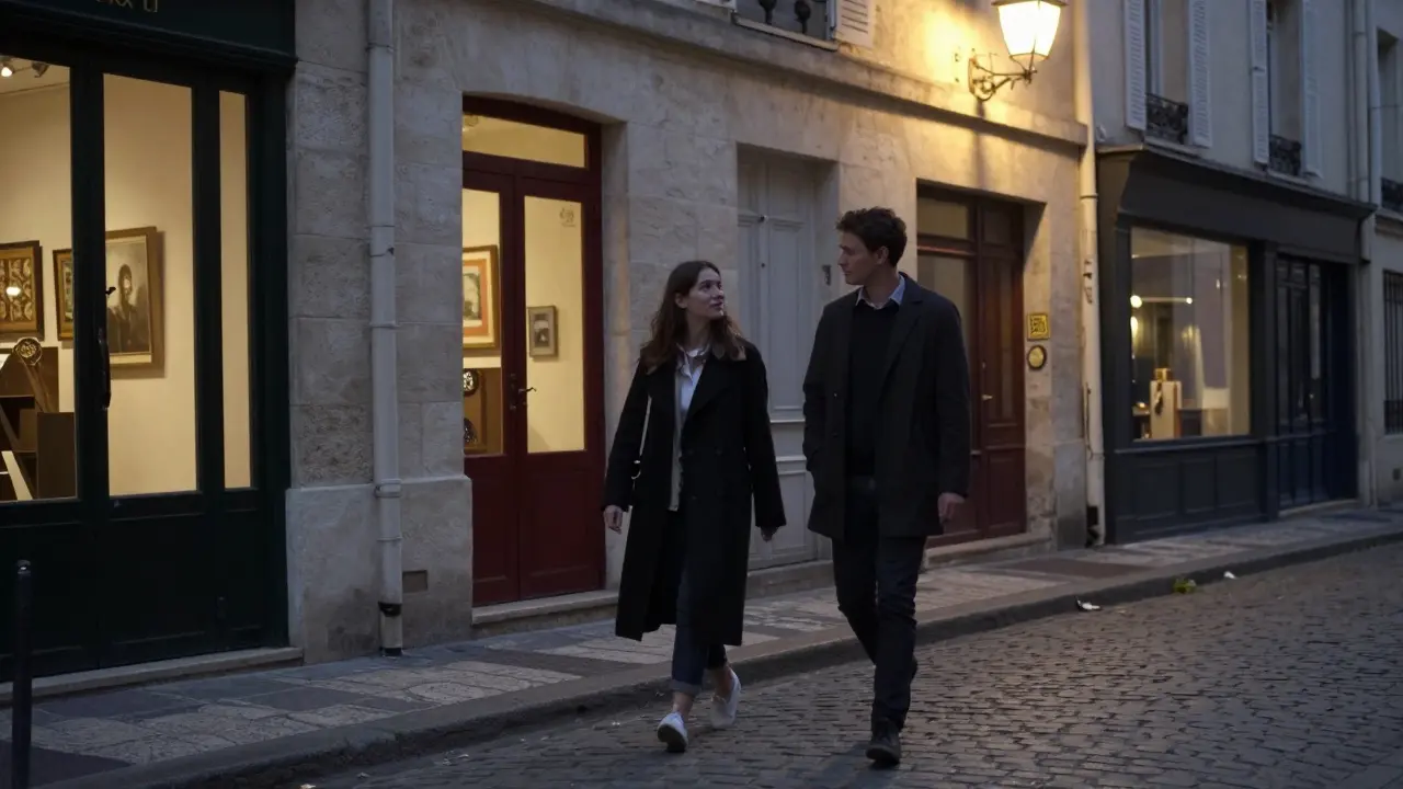 A man and woman walking peacefully through Montmartre at dusk, side by side, in elegant attire.