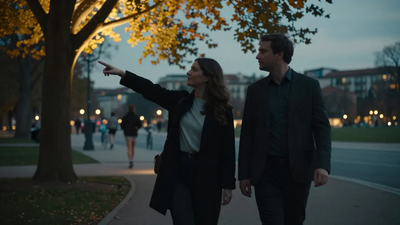 A man and woman walking through Parco Sempione at dusk, sharing quiet observation of the trees.