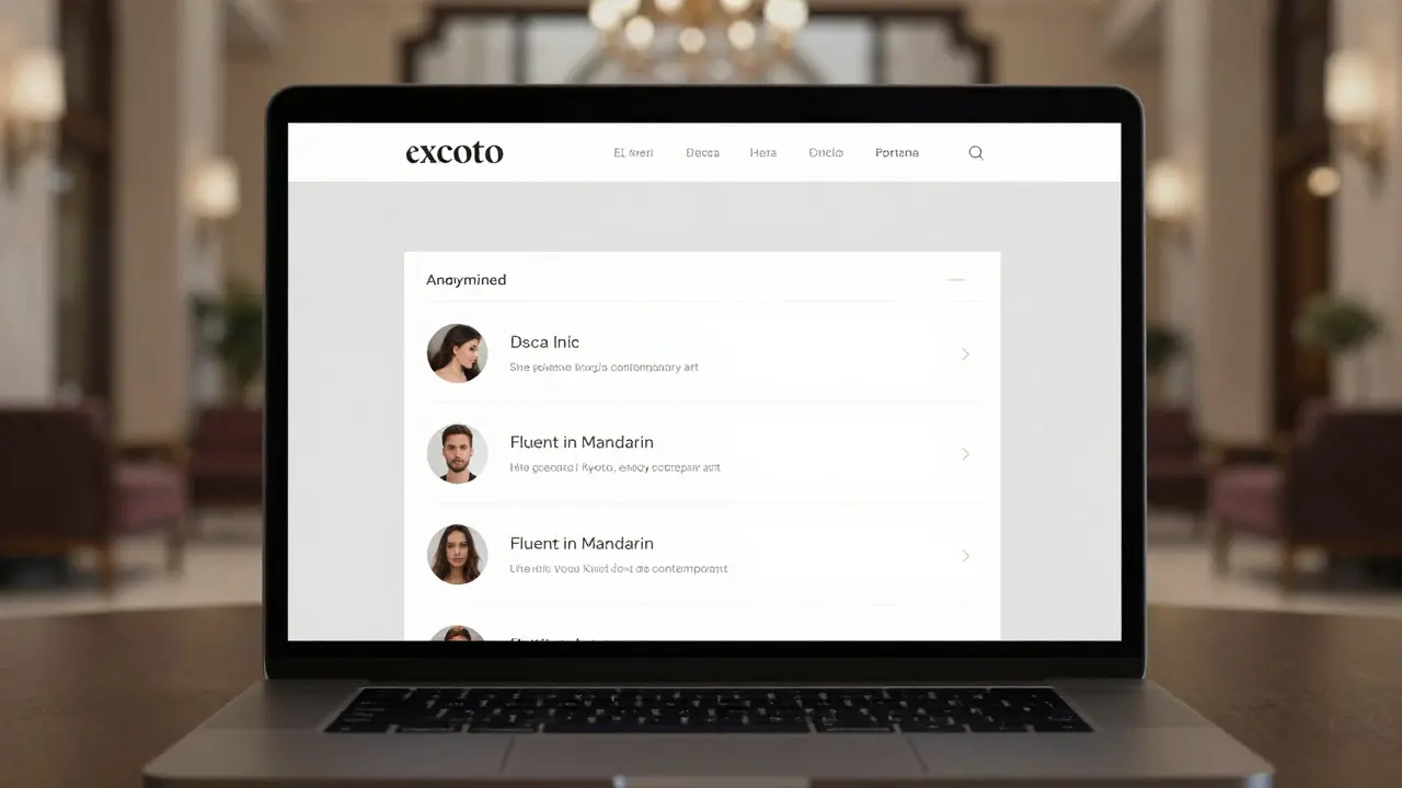 A minimalist private booking website displays anonymized escort profiles with languages and interests, no faces shown.