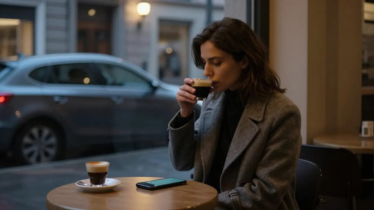 A modern escort sits alone at a Milan café, her encrypted phone glowing softly beside her espresso.
